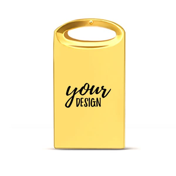 A gold metal USB flash drive featuring a handle and a space for custom design. Promo 16 GB Metal USB Flash Drive - Image 1