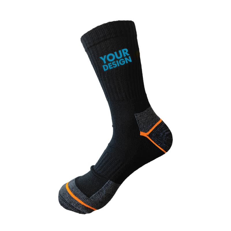 Recycled cotton stretch terry sock in black with grey and orange accents, featuring a logo. Recycled Cotton Stretch Terry Socks - Image 1