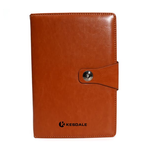 A5 business spiral notebook in brown synthetic leather with a buckle closure and a logo on the cover. A5 Business Spiral Notebook With Buckle - Image 1