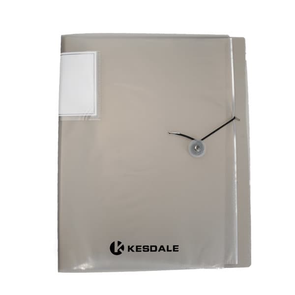 A4 insert information booklet folder in a light grey colour with a button closure and a pocket for labels. A4 Insert Information Booklet Folder - Image 1