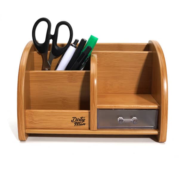 A bamboo desk organiser with a drawer, featuring compartments for scissors, pens, and markers. Desk Organizer With Drawer - Image 1