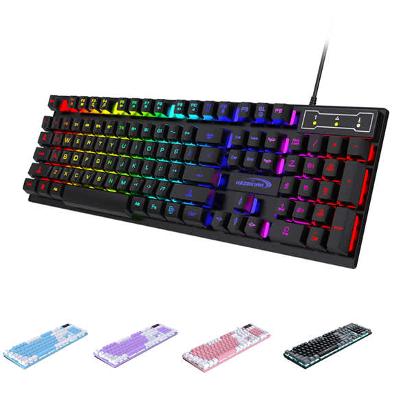 A mechanical gaming keyboard with a black finish and illuminated, multicoloured keys, featuring various other colour options below. Illuminated Mechanical Touch Game Keyboard - Image 1