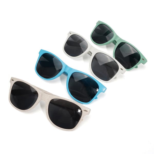 Four pairs of sunglasses in grey, turquoise, blue, and green, all featuring dark lenses and a branding logo. Wheat Straw Sunglasses - Image 1