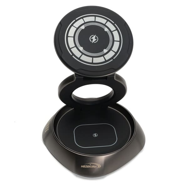 A magnetic wireless charger stand in black with a circular charging pad and a sleek, modern design. It features a logo. Magnetic Wireless Charger Stand - Image 1