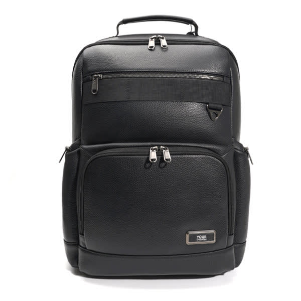 A sleek black waterproof leather backpack featuring multiple zipped compartments and a logo. Travel Waterproof Leather Backpack - Image 1
