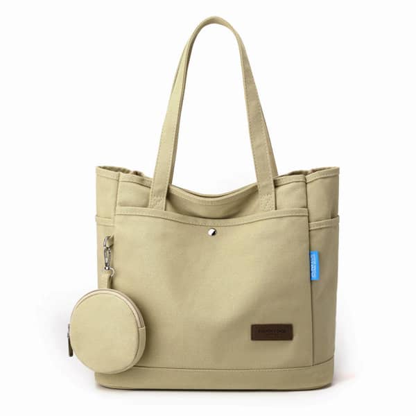 A beige canvas tote bag with two handles and a round detachable pouch. It features a logo. Casual Women Canvas Tote Bag - Image 1