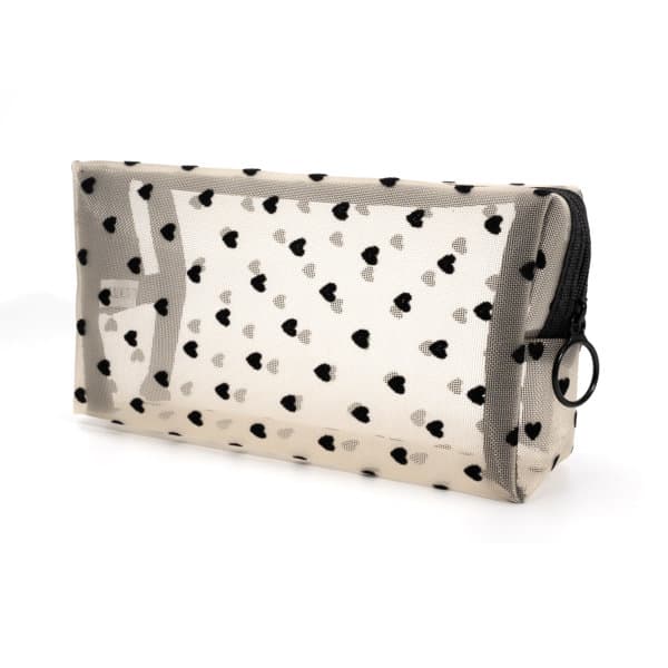 A heart print mesh makeup bag in a translucent finish, featuring black hearts on a light background, with a zip closure. Heart Print Mesh Makeup Bag - Image 1