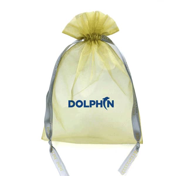 A yellow organza drawstring bag with grey ribbon ties and a logo printed on the front. Custom Organza Drawstring Bag - Image 1