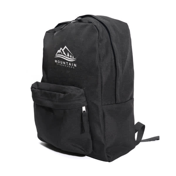 A black polyester backpack with a front pocket and a logo featuring mountains. Casual Polyester Backpack - Image 1