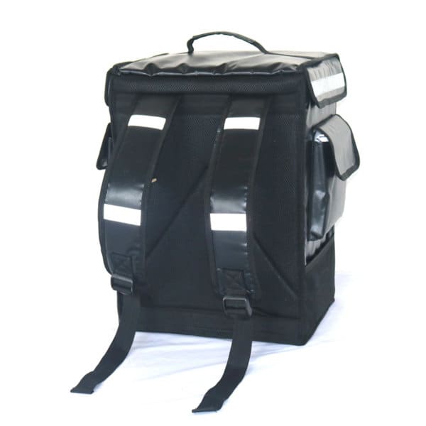 An insulated black food delivery backpack with reflective strips and dual shoulder straps. Insulated Food Delivery Backpack - Image 1