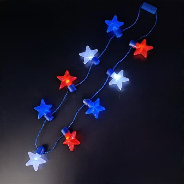 A string of star-shaped lights featuring red, white, and blue colours on a dark background. Light-up Independence Day Necklace - Image 1