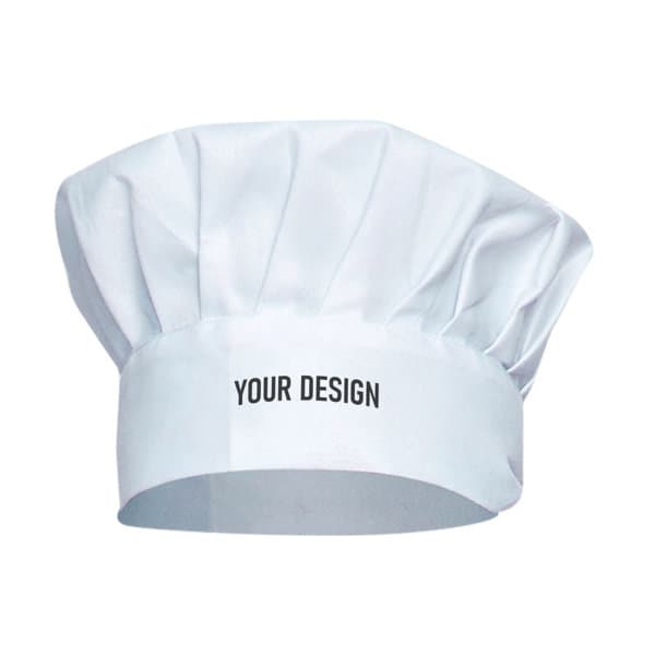 A white adjustable elastic band chef hat with a blank band for custom designs and a logo. Adults Adjustable Elastic Band Chef Hat - Image 1