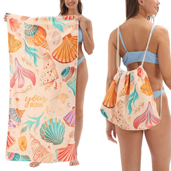 A peach-tinted microfiber beach towel featuring colourful seashell designs, paired with a matching drawstring bag. Microfiber Beach Towel Drawstring Bag - Image 1