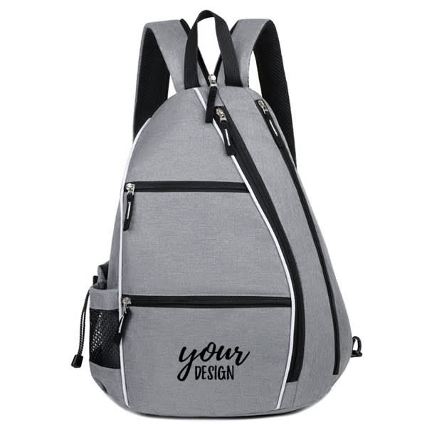 A grey sports backpack featuring multiple zippered compartments and a mesh side pocket, with a logo. Pickle Ball Sports Backpack - Image 1