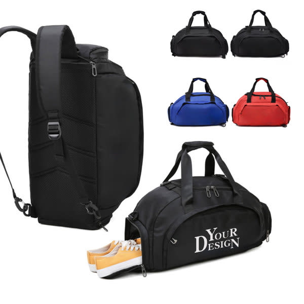 A black gym duffel bag with zippered pockets, available in red, blue, and another black variant, featuring a logo. Gym Duffel Bag With Zippered Pockets - Image 1