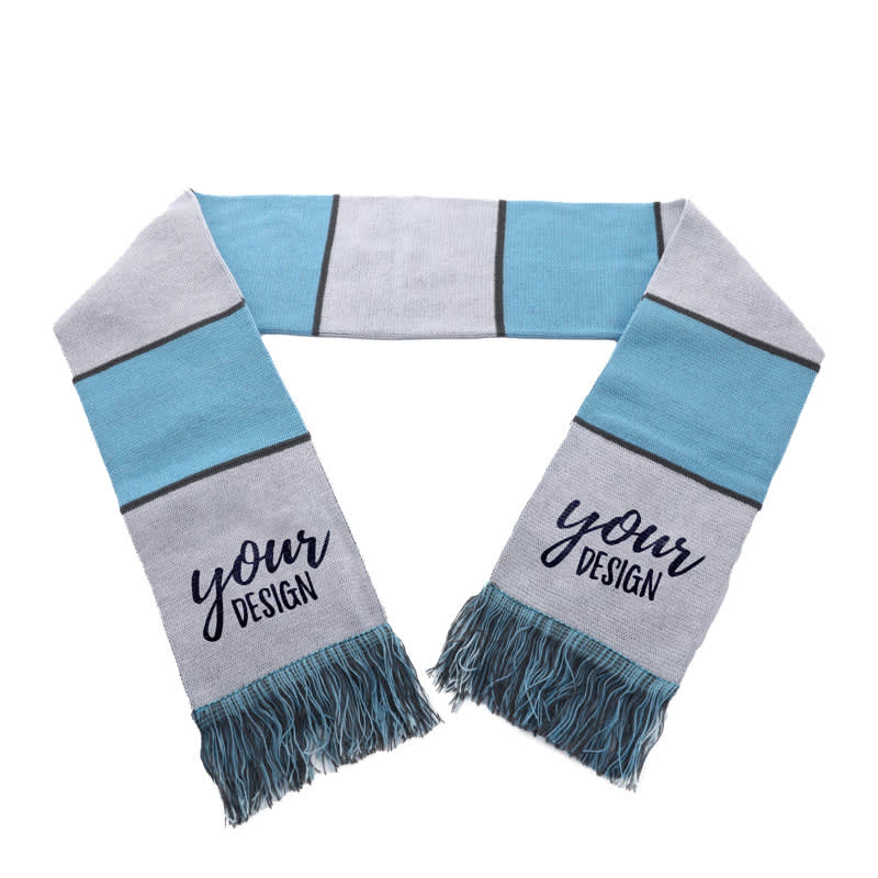 Acrylic fan scarf in grey and blue with fringing, featuring a design area for customisation. Acrylic Fan Scarf - Image 1