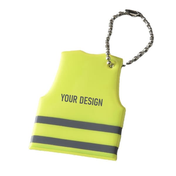 A mini reflective vest keychain in bright yellow with grey stripes and an attached chain. Features space for custom design. Mini Reflective Vest Keychain - Image 1