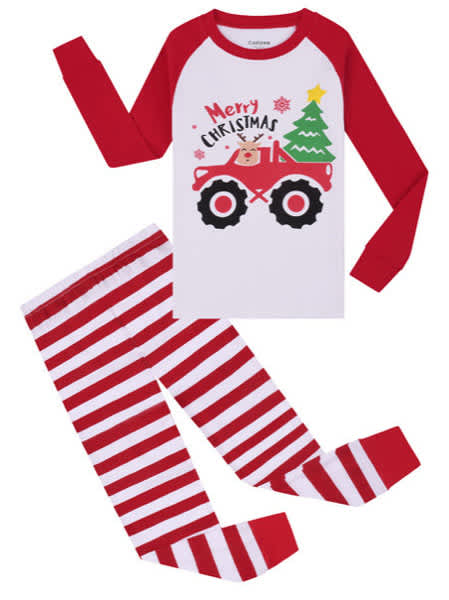 A red and white personalised long sleeve pajama set featuring a Christmas truck design, with striped pants. Personalized Long Sleeve Pajamas Set - Image 1