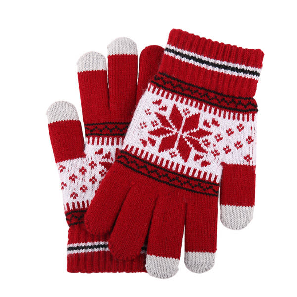 Red and white knitted touchscreen gloves featuring a snowflake design and ribbed cuffs. Full Finger Touchscreen Christmas Gloves - Image 1