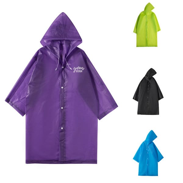 A full-body adult raincoat in purple, with a hood and a logo, displayed alongside green, black, and blue versions. Custom Full-body Adult Rain Coat - Image 1