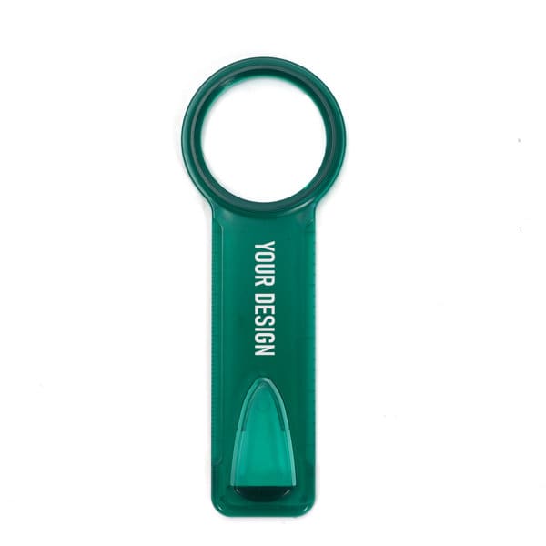 A green bookmark magnifier with a built-in ruler and a space for custom branding. Bookmark Magnifier With Ruler - Image 1