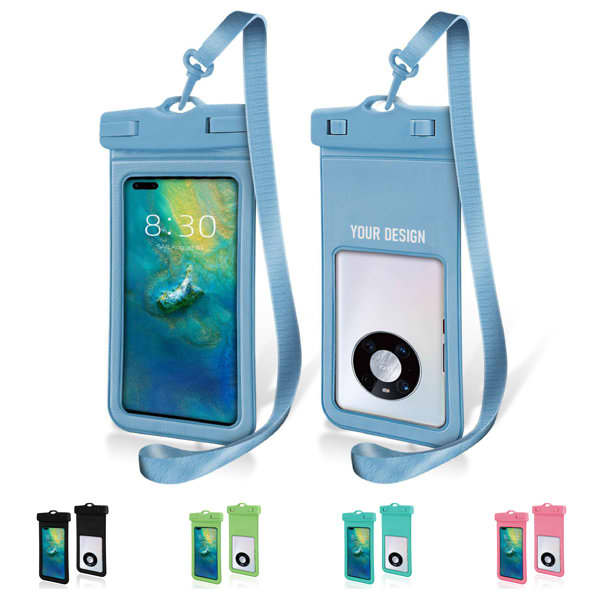 A custom waterproof phone pouch in blue, featuring a transparent front and a strap, available in various colours. Custom Waterproof Phone Pouch - Image 1