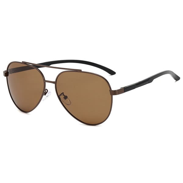 Polarised aviator sunglasses featuring a brown lens and a sleek black frame with a logo on the side. Custom Polarized Aviator Sunglasses - Image 1