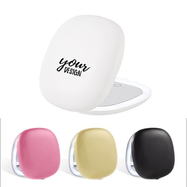 A portable folding LED mirror in white, with additional mirrors in pink, gold, and black, featuring a logo. Personalized Portable Folding LED Mirror - Image 1