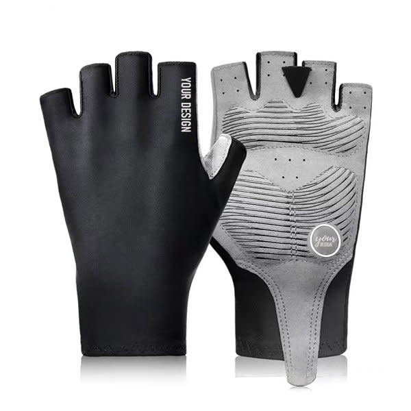 Half finger cycling gloves in black and grey, featuring a textured palm and a logo. Designed for comfort and grip. Half Finger Cycling Gloves - Image 1