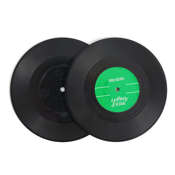 A black custom record coaster featuring a green label design, with space for personalised text. Custom Record Coaster - Image 1