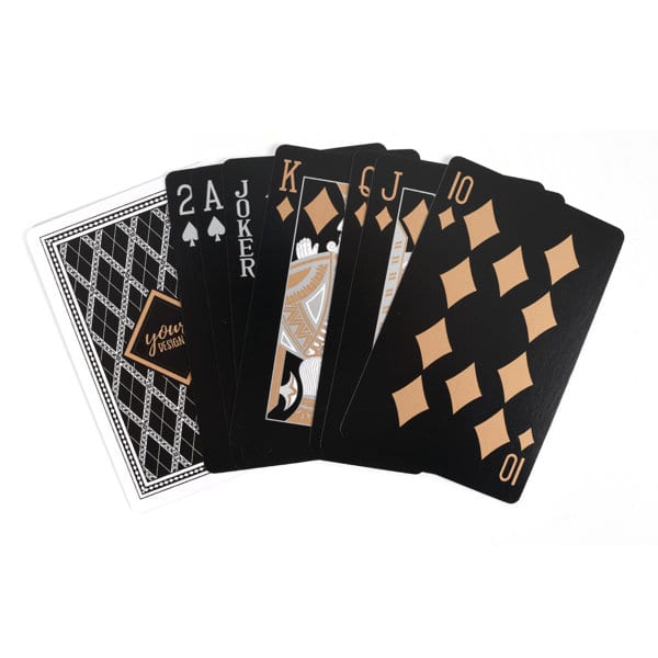 Custom blue core playing cards featuring a black design with gold accents, including face cards and a joker. Custom Blue Core Playing Cards - Image 1