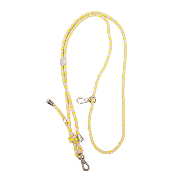 A yellow and white adjustable crossbody neck strap with metal clips for securing items. It features a braided design. Adjustable Crossbody Neck Strap - Image 1