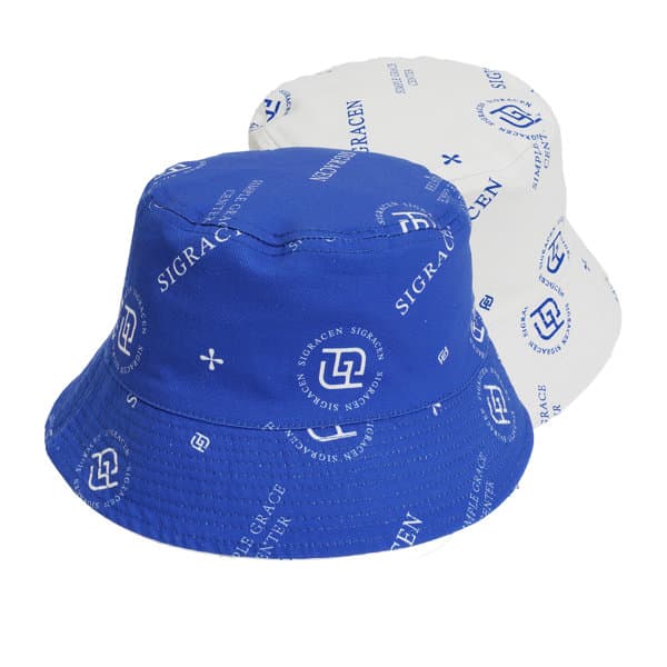 A custom reversible bucket hat in blue and white featuring various logos and branding. Custom Reversible Printed Bucket Hat - Image 1