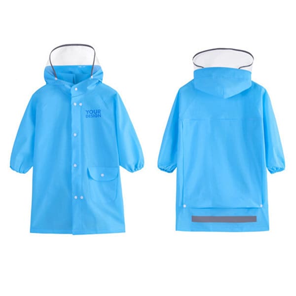A blue custom EVA kids raincoat with a hood, featuring a branding logo and a reflective strip on the back. Custom EVA Kids Rain Coat - Image 1