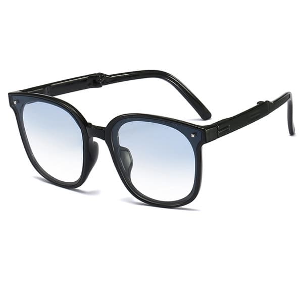 A pair of black custom polarized folding sunglasses with a gradient blue lens, featuring a logo on the frame. Custom Polarized Folding Sunglasses - Image 1