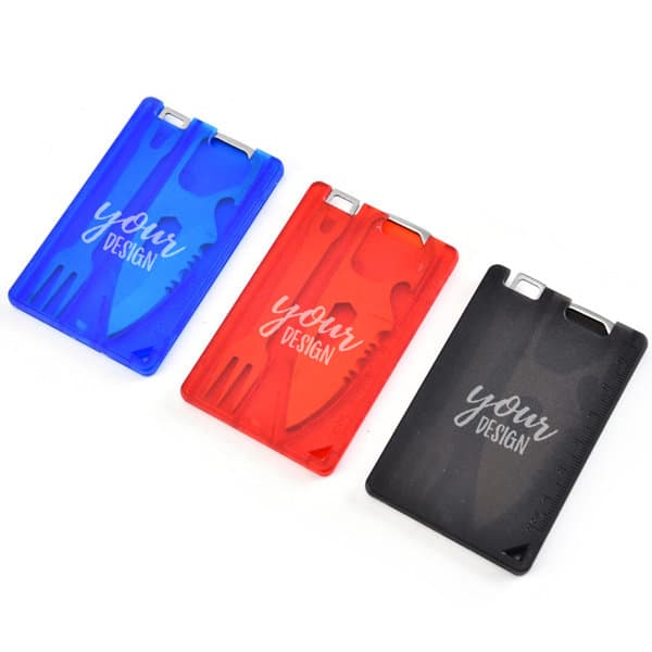 A set of three multitool cards in blue, red, and black, featuring various tool designs and a logo. Portable Outdoor Multitool Card Set - Image 1