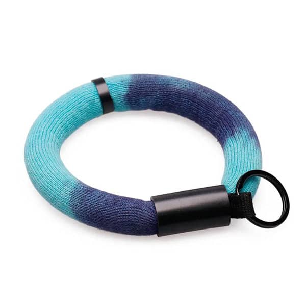 A personalized wristband key holder in blue and teal with a black ring and branding. Personalized Floating Wristband Key Holder - Image 1