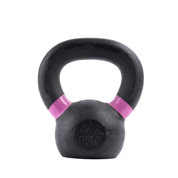 A 4kg iron kettlebell in black with a pink handle, featuring a logo on the side. 4KG Iron Kettlebell - Image 1