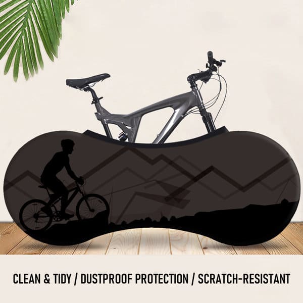 A pair of sleek black compact waterproof bicycle wheel covers featuring a cyclist silhouette. Includes a logo. Compact Waterproof Bicycle Wheel Covers - Image 1