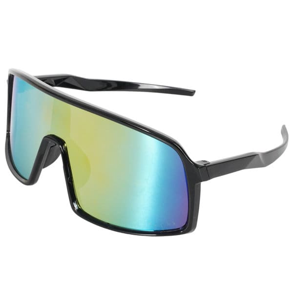A pair of black Polarized Shield sunglasses with reflective, multi-coloured lenses and a modern design. Polarized Shield Sunglasses - Image 1