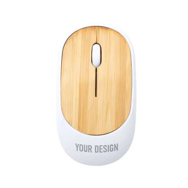 A bamboo wireless mouse with a white underside, featuring a smooth, natural bamboo surface. Bamboo Wireless Mouse - Image 1