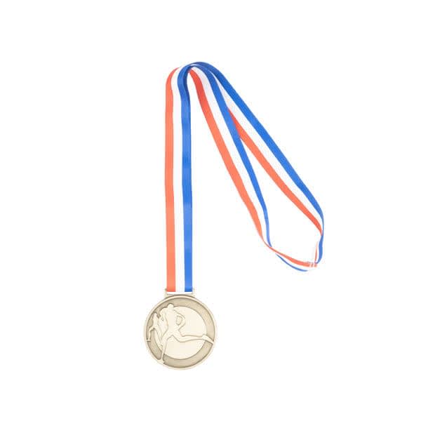 A custom zinc alloy medal featuring a running figure, suspended from a red, white, and blue ribbon. Custom Zinc Alloy Medal - Image 1