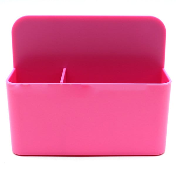 A pink plastic fridge magnet organiser with two compartments and a tall back for stability. Magnetic Plastic Fridge Magnet Organizer - Image 1