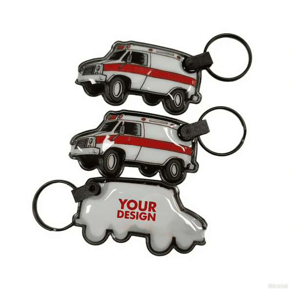 Customisable LED plastic keychains in the shape of emergency vehicles, featuring various designs and a logo. Customizable LED Plastic Keychains - Image 1