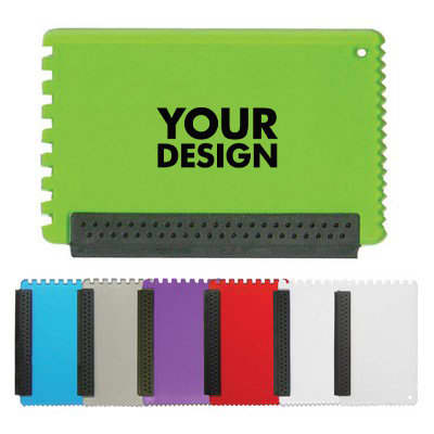 A customised ice scraper keychain in various colours, featuring a green scraper with a textured edge for grip. Custom Ice Scraper Keychains - Image 1