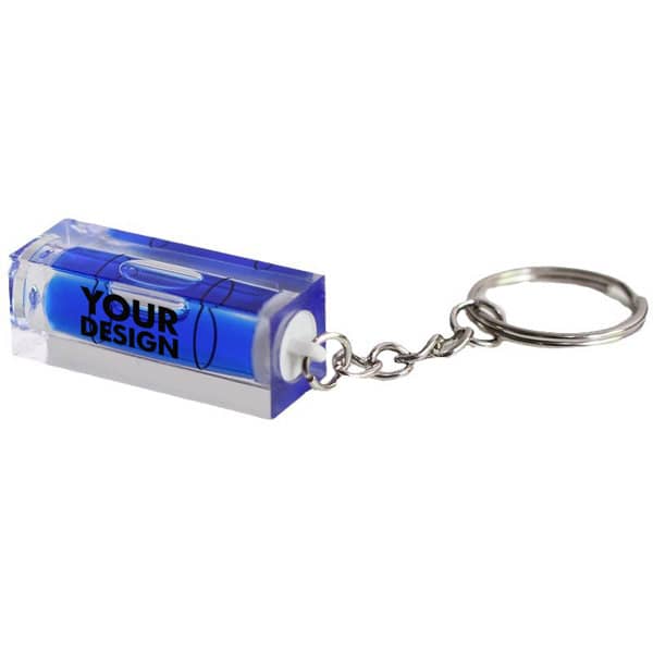 A mini square spirit level keychain in blue with a silver chain, featuring a design area on one side. Mini Square Spirit Level Keychain - Image 1
