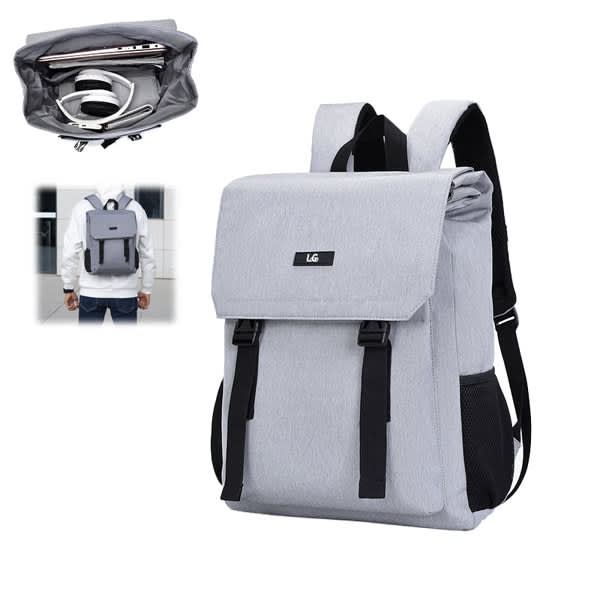 A grey Flap Laptop Backpack with multiple compartments and a logo, featuring adjustable straps and a stylish design. Flap Laptop Backpack - Image 1