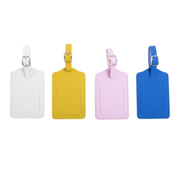 Custom PU luggage tags in white, yellow, pink, and blue, featuring a strap and a decorative stitching detail. Custom PU Luggage Tag - Image 1