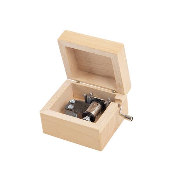 A wooden hand crank music box with an open lid, featuring a metal music mechanism inside. Wooden Hand Crank Music Box - Image 1