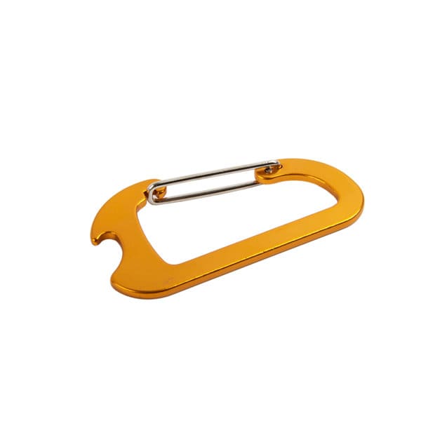 A drink bottle opener in bright orange with a carabiner feature and metallic clasp. It includes a logo. Bottle Opener With Carabiner - Image 1